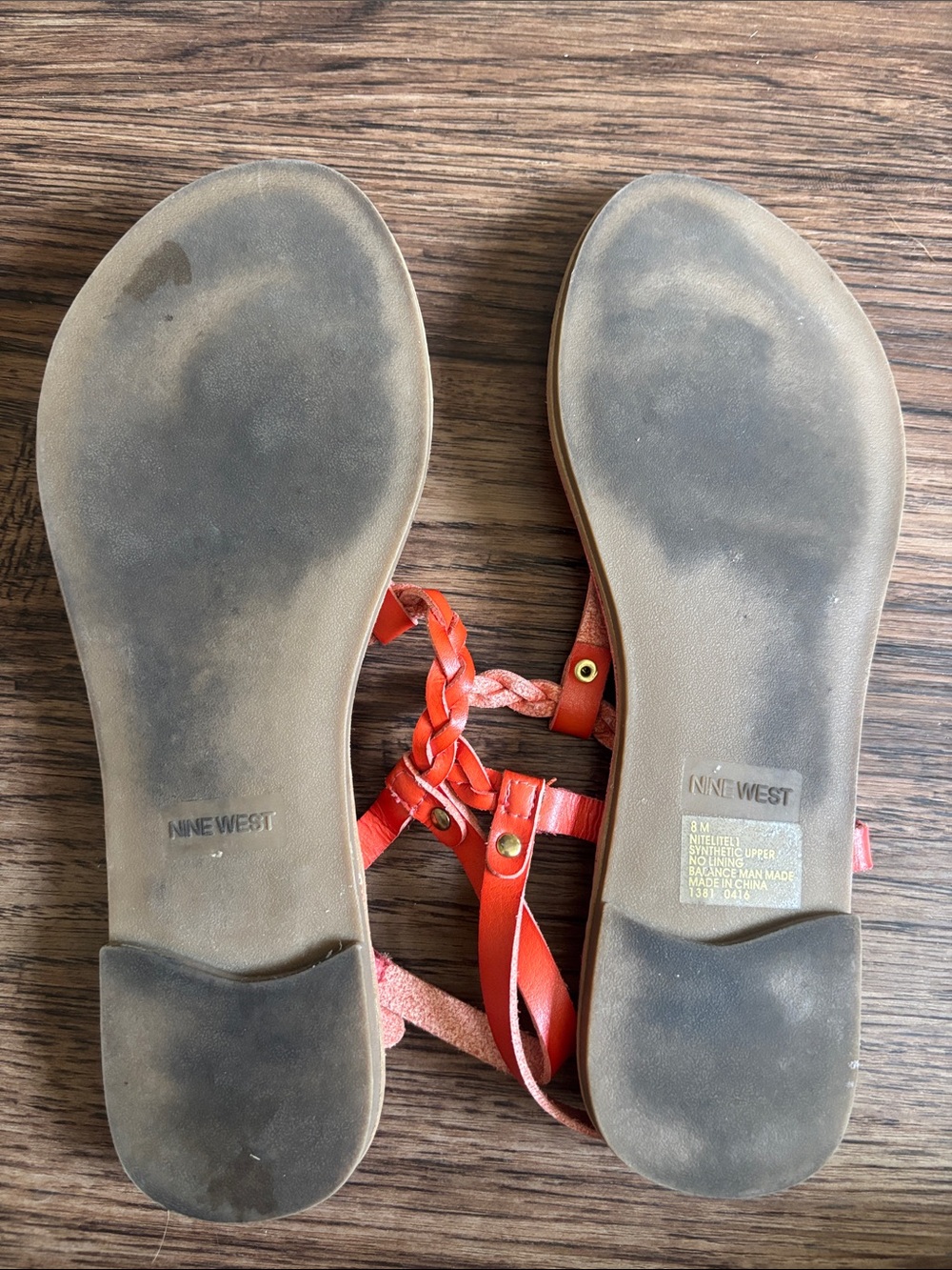 NINE WEST Orange Braided T-Strap Thong Sandals Flat Size 8M Coral - Picture 4 of 5